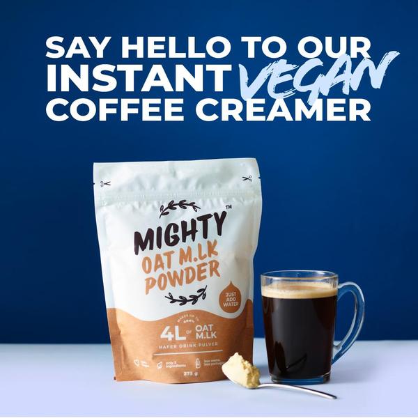 coffee creamer, oat milk powder, plant milk powder, dairy alternative, coffee additive, milk substitute, powdered creamer, product launch, brand awareness, minimalist, trustworthy, fresh, blue, neutral